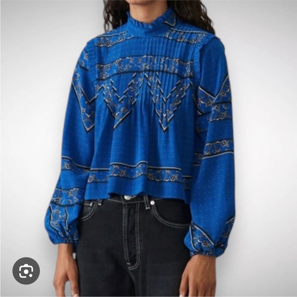 Ganni Tops - Ganni Cloverdale 100% Silk Women’s Blouse Blue and Black EU 36 US Size 4